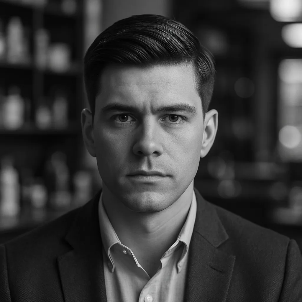 Класичний боковий проділ із зачесаним набік чубчиком і низьким фейдом на чоловікові з квадратним обличчям