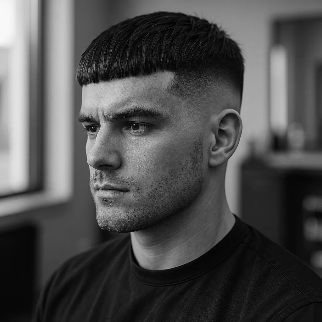 Кроп із чубчиком до брів і низьким skin fade на чоловікові з квадратним обличчям
